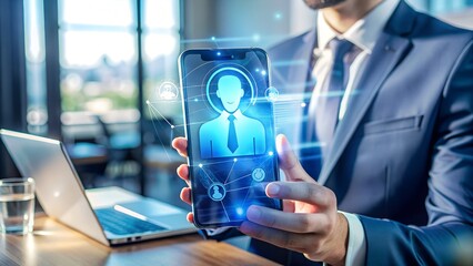 Photo of a businessman in a suit holds a smartphone displaying a digital profile icon and network connections, with a laptop nearby