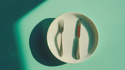 Silver Fork and Knife on White Plate with Shadow on Teal Background Still Life