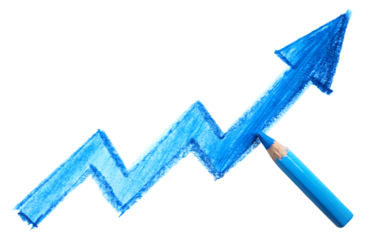 A blue crayon drawing of an upward trending arrow isolated on transparent background, representing growth and financial success
