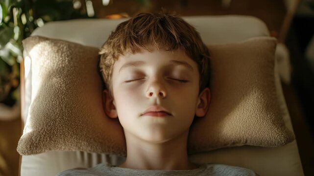 The  depicts a young boy in a state of relaxation, with his eyes closed and resting peacefully on a soft pillow. The scene conveys tranquility and the simple joys of childhood.