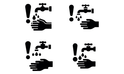 Hand washing warning icons with water tap and exclamation mark in flat black and white style
