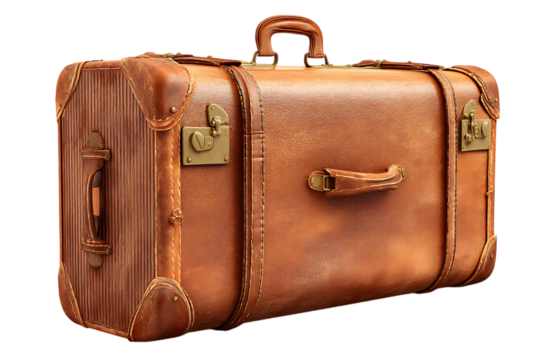 Vintage leather suitcase with brass hardware isolated on white or transparent png - Powered by Adobe
