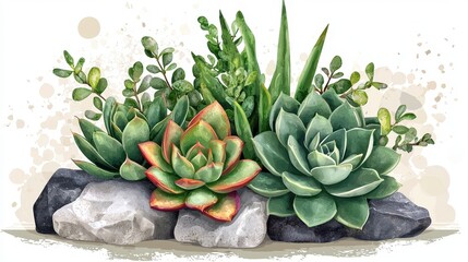 Diverse Succulents and Greenery on Stones Against a Splattered Decorative Background