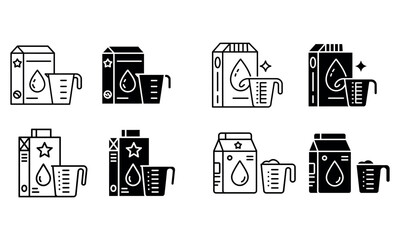 Black and white vector icon set of milk cartons and measuring cups in outline and filled styles
