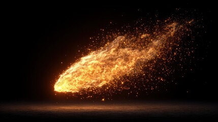 Fire Comet Flying. Realistic Particle Dust and Sparkles in Isolated Black Background