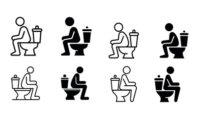Black and white vector icon set of people sitting on toilet in different outline and solid styles
