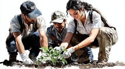 Diverse Team Engaged in Collaborative Planting for Environment Stewardship in Natural Lighting