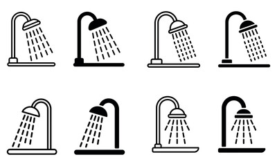 Black and white vector icon set of shower heads with water flow in outline and solid styles
