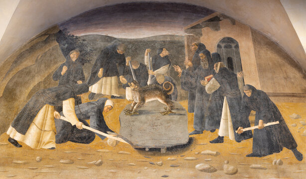 FLORENCE, ITALY - MARCH 17, 2025: The renaissance fresco of Exorcism of St. Benedict in church Badia Fiorentina by Giovanni Consalvo (1436 - 1439).