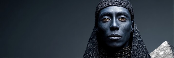 Mysterious figure with deep indigo complexion embodies rich Afrofuturism, channeling cosmic heritage, Samhain mystique, ancestral echoes