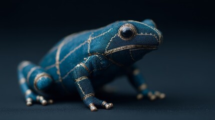 Obraz premium Blue velvet frog sculpture reminiscent of steampunk whimsy, ideal for International Frog Day, captivating intricate textile artistry