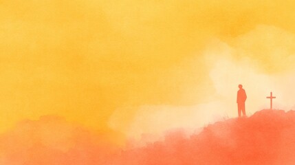 Misty silhouette of a lone figure gazing at a mountainside cross, evoking All Souls' Day introspection