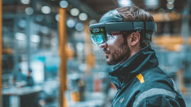 A man wearing augmented reality glasses works in a high-tech industrial setting, focused on a task amidst blurred machinery and equipment.