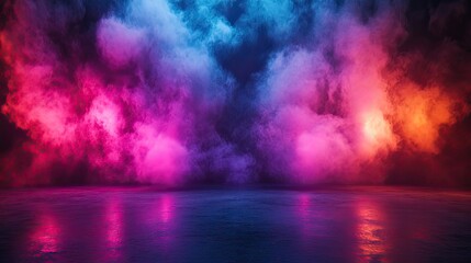 Naklejka premium Neon-lit abstract scene with smoke, reflections on concrete, and vibrant, glowing background.