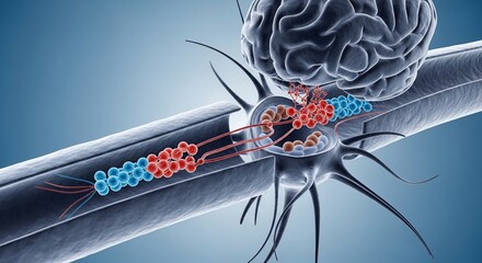 Medical Illustration of Neural Transmission in Nervous System Showing Brain and Nerve Cell