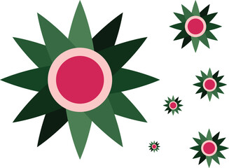 A repeating pattern of colorful, stylized star or flower shapes on a white background.