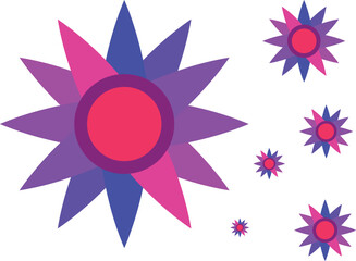 A repeating pattern of colorful, stylized star or flower shapes on a white background.