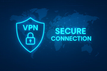 VPN secure connection graphic with glowing shield and lock icon over world map, representing global cybersecurity, encrypted internet access, and digital privacy protection, VPN secure connection, 
