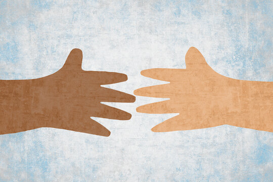 Two hands reaching out on a blue and white background