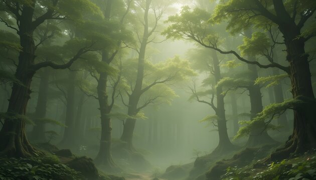 "Hybrid natural-tech forest with nanobot-enhanced trees, glowing DNA strands in the fog"
