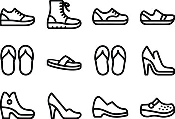 Obraz premium Collection of black and white line art icons representing different types of footwear