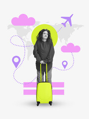 Pop art digital composition of dreamy tourist girl with suitcase on world background. Concept of...