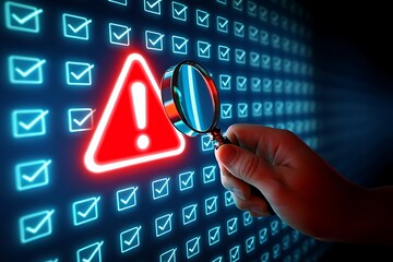 Human hand holding a magnifying glass over a glowing red warning triangle symbol surrounded by a grid of glowing blue checkmarks on a dark background representing digital data and security analysis