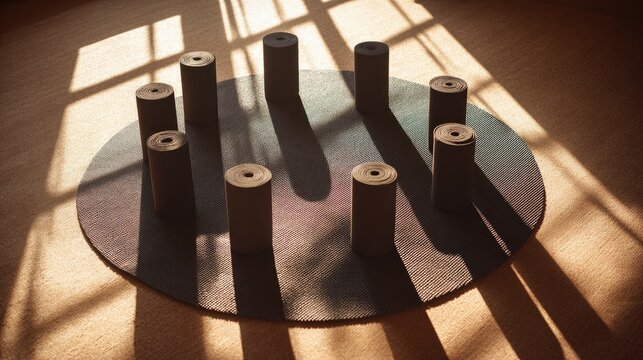 Dark gray yoga mats rolled & arranged on a circular mat in sunlit room