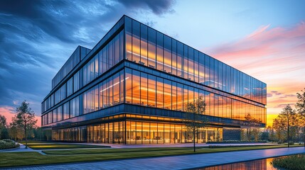 Modern Office Building with Sleek Glass Facade and Urban Design, Perfect for Business Settings
