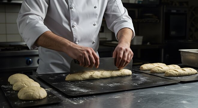 Professional Chef's Hands Portioning Fresh Dough with Scraper on Baking Sheet in Commercial Kitchen