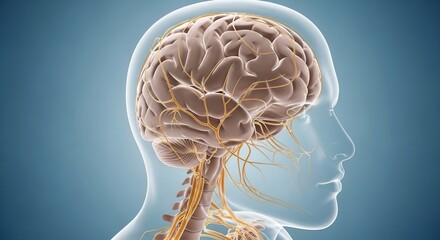Detailed Human Brain and Nervous System Illustration with Profile View
