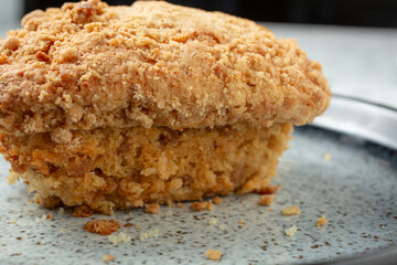 A closeup view of a peanut butter coffee cake.