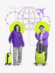 Modern collage of two travelers with luggage and dotted globe route. Concept of digital content for...