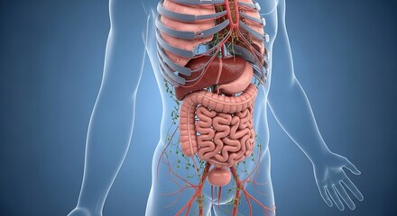 Anatomical Human Digestive System Illustration Showing Stomach Intestines and Ribs
