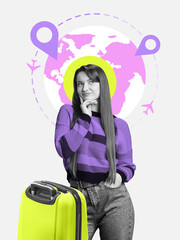 Collage of thoughtful young woman planning vacation with suitcase. Concept of digital planning...