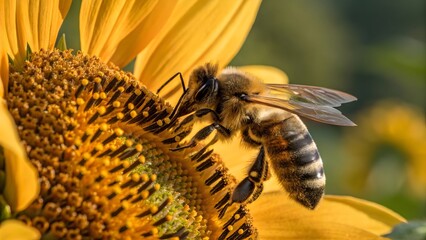 A bee collecting nectar from a sunflower in a summer garden