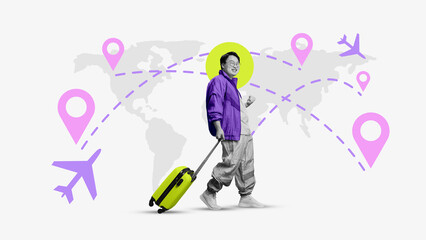 Collage-style pop-art visual of cheerful traveler with suitcase and global flight routes. Concept...