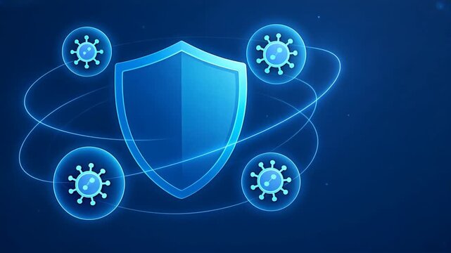 Blue digital shield glows at center with virus threat icons orbiting in neon lines, Cyber protection theme shows vigilance in vaccination, covid vaccine, flu shot defense