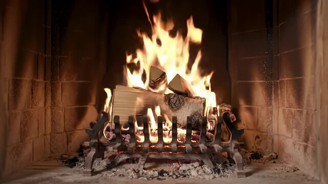 Cozy Christmas Fireplace with Burning Wood Logs and Holiday Decorations Warm Festive Ambient Scene with Zooming Camera