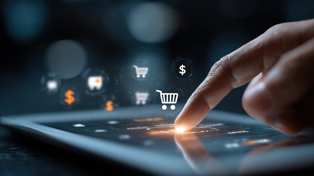 Finger pointing at digital dollar sign graphics

