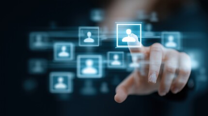 Digital Networking: A hand elegantly interacts with a digital interface, selecting a profile icon from a network of glowing user profiles. This image represents connection.