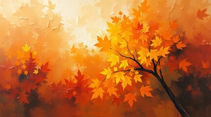 Autumnal Dreamscape: An artistic painting captures the vibrant essence of fall, showcasing a radiant tree adorned with fiery red and golden leaves. The scene evokes a feeling of warmth.