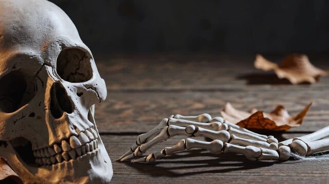 Spooky Halloween video featuring a realistic human skull and scattered bones on a neutral background. Dark, mysterious atmosphere. Ideal for themes of death, ritual, and the occult.