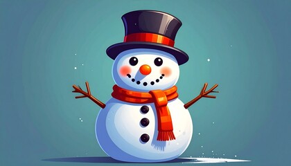 Cartoon Snowman with Top Hat and Scarf on Blue Background, Cheerful Christmas Snowman Cartoon Character Against a Solid Backdrop