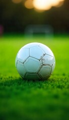 Fototapeta premium Generative AI A lone soccer ball rests on vibrant green grass under soft golden light