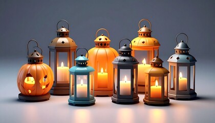 Festive Halloween Lanterns: A Warm and Colorful Display, A Collection of Decorative Lanterns with...