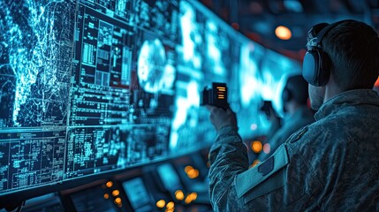 Military defense department monitoring satellite surveillance feeds for national security purposes.