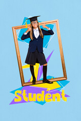 Trend artwork banner sketch 3D photo collage of uniform university academic autumn back young lady...