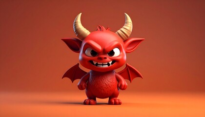 Cartoon Devil Figure with Spooky Details,Red Devil Cartoon Illustration with Golden Horns and Fierce Expression © pixelonix