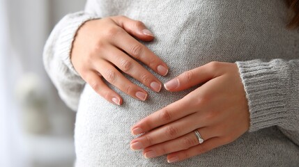 Close-up of expecting mother touching stomach
